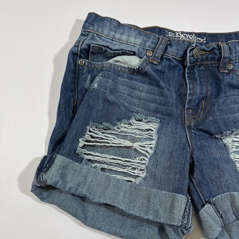 Revolt Distressed Denim Blue Jean Cuff Stretch Jean Shorts Juniors Size 1 - Picture 3 of 6